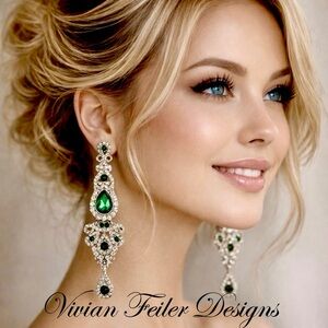 Green Earrings Long Chandelier Rhinestones Statement Pageant Prom Emerald Green